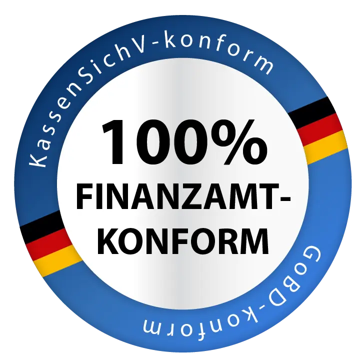 Siegel 100% finanzamtkonform, KassenSichV-konform, GoBD-konform, TSE Kassensysteme von GastroSoft
