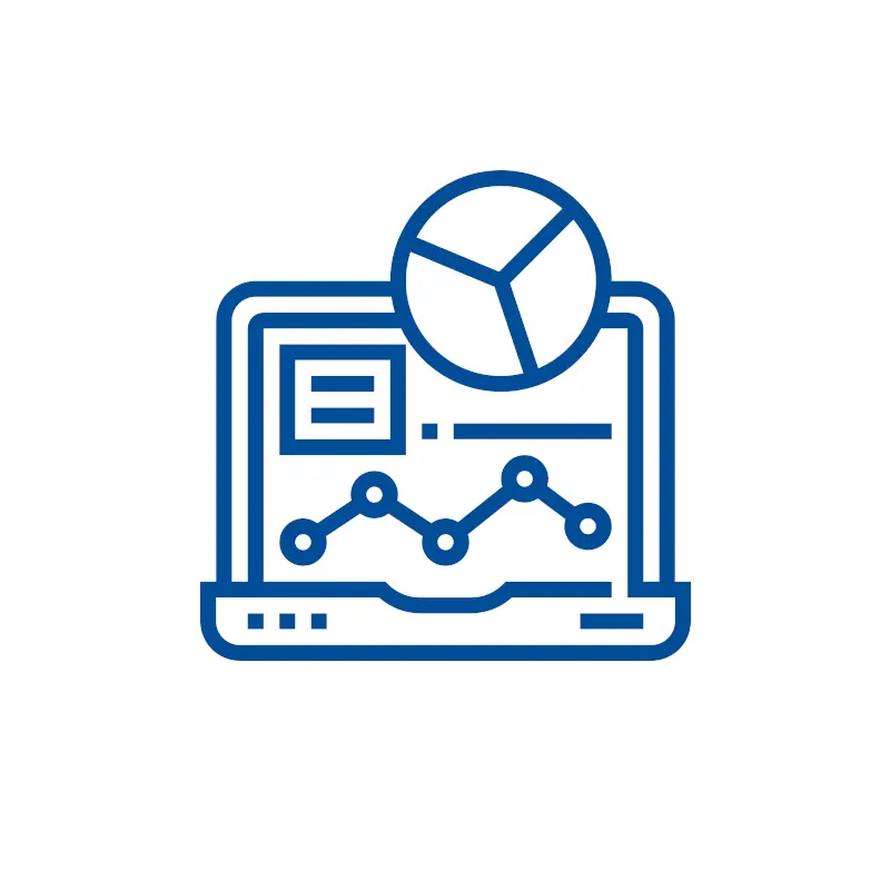 blaues Berichte und Statistiken Icon auf weißem Hintergrund: Kassensoftware Erweiterungen, Verwaltung und Einsichten