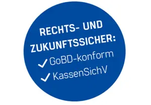 Siegel in blau mit weißer Schrift, Rechts- und Zukunftssicher: GoBD-konform und KassenSichV, Finanzamtkonform