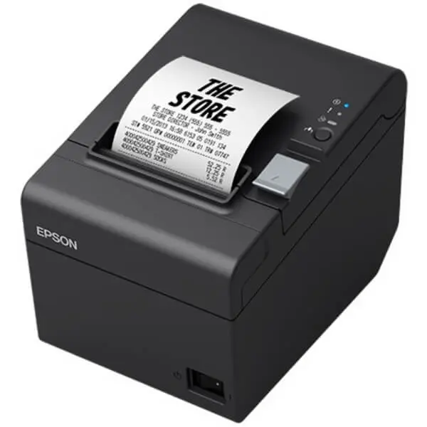 schwarzer Kassenzetteldrucker druckt Kassenbon - Kassendrucker Epson TM T20III als Kassenhardware im Kassensystem