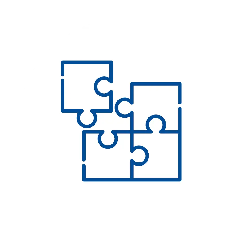 vierteiliges Puzzel Icon in blau auf weißem Hintergrund wobei ein Puzzelteil noch nicht eingesetzt ist: für Kassensoftware Addon Erweiterungen