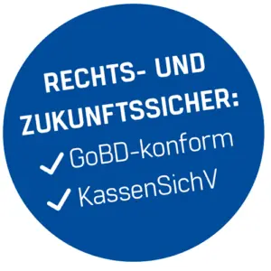 Blauer Kreis, weiße Schrift, Rechts- und Zukunftssicher: GoBD-Konform, KassenSichV, Finanzamt-konforme Kassensoftware
