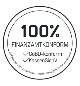 Siegel mit schwarzer Schrift, Finanzamtkonform: GoBD-konform und KassenSichV | Erfüllung aller rechtlichen Anforderungen in Deutschland