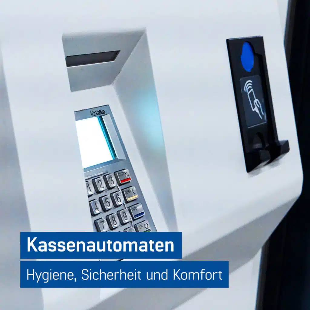 Weiße Kassenautomaten mit Kartenterminal für hygienische, sichere und komfortable Zahlungsabwicklung
