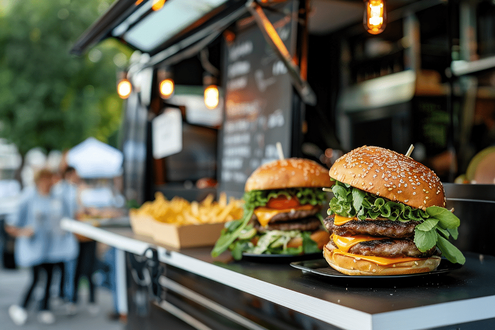 Food Truck verkauft Burger und Pommes, Imbiss eröffnen