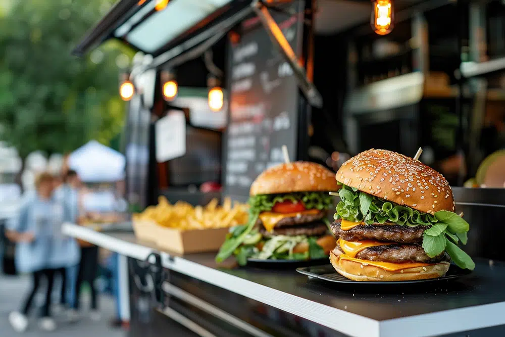 Food Truck verkauft Burger und Pommes, Imbiss eröffnen