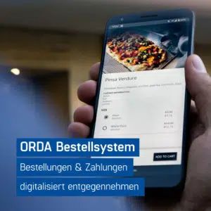 Mann hält Smartphone und bestellt Essen mit dem ORDA Bestellsystem für Gastronomie vor