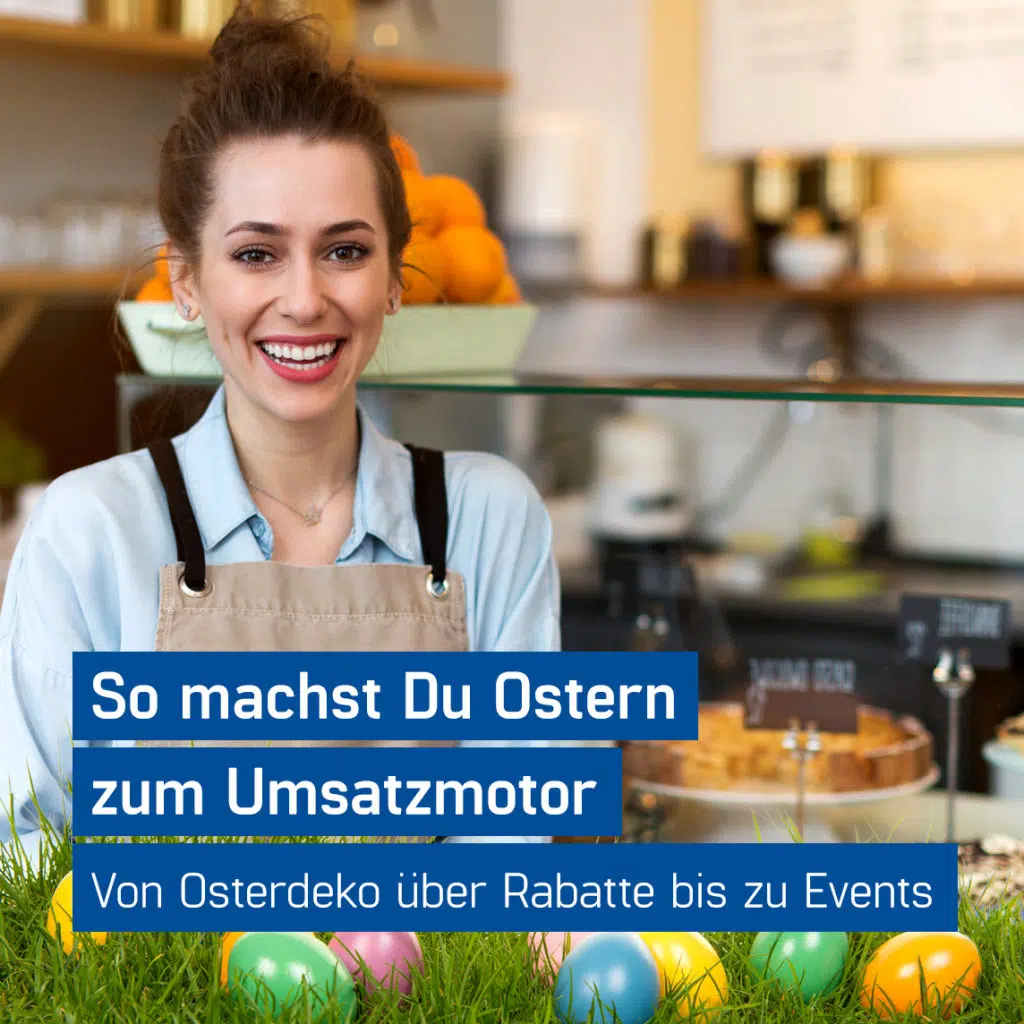 Fröhliche Cafe-Besitzerin hat für die Osterzeit Osterzeitdie Marketingtipps von GastroSoft angewendet, Tipps fürs Ostergeschäft