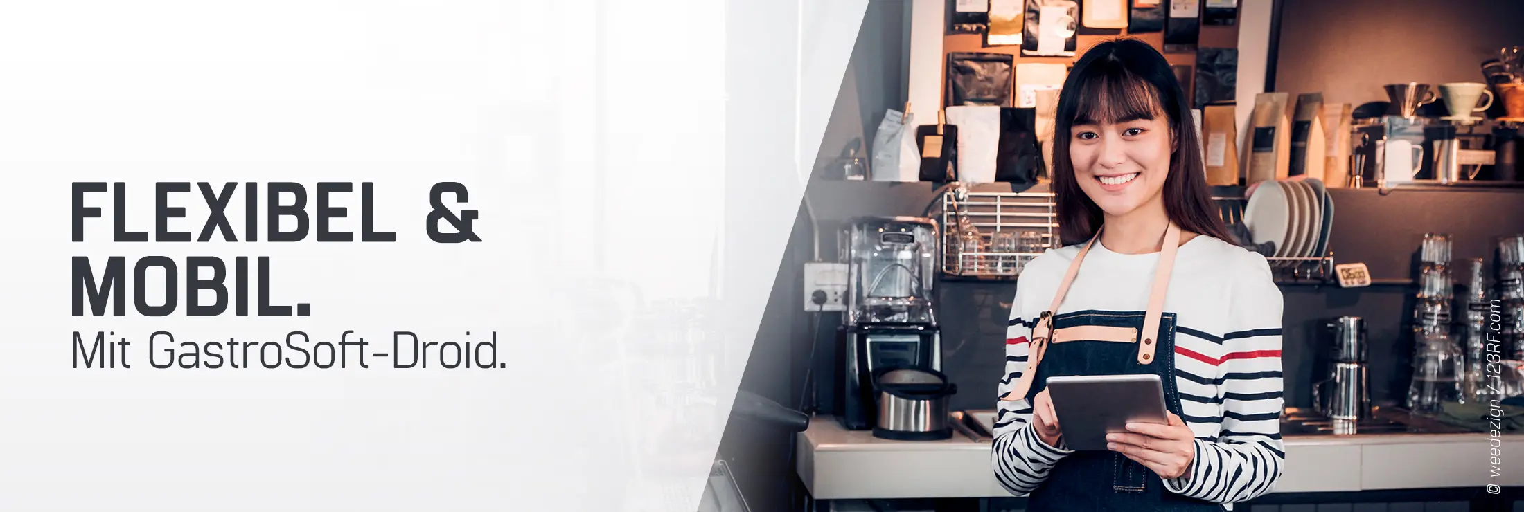 braunhaarige Frau im weiß-gestreiften pullover in einem Cafe als Kellnerin oder Barista stehend für Droid mobile Bestelllösung