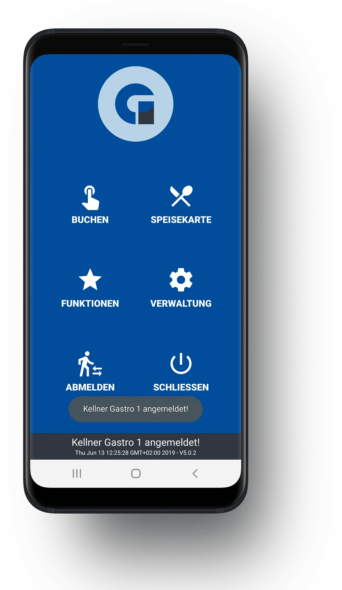 GastroSoft Droid Anmeldeseite des mobilen Kassensystems als Kassensoftware für Gastronomie: blauer Hintergrund mit GastroSoft Icon
