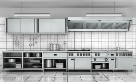 Helles Bild einer Gastronomie Küche in silber mit weißen Fliesen für die Küchendisplay Add-On Erweiterung des Kassensystems