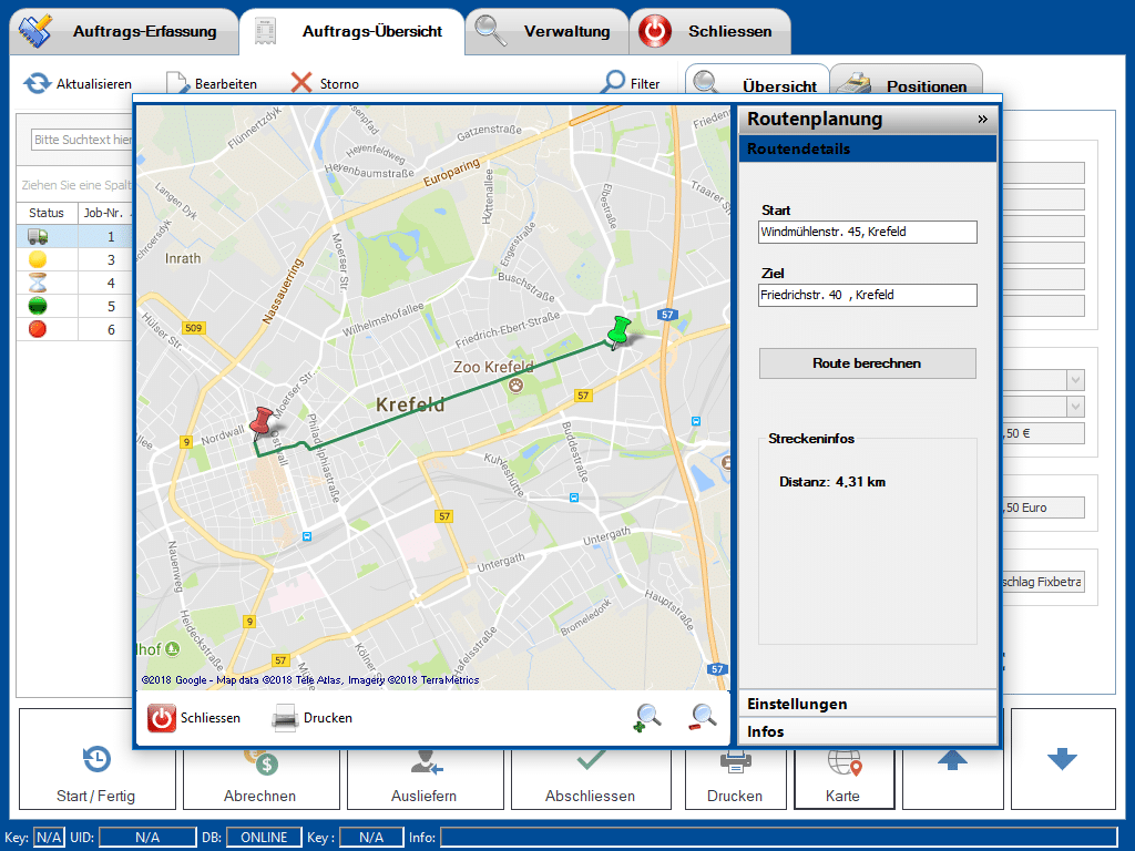 Route berechnen - Routenplanung mit Karte als Screenshot aus Liefer Add-On Erweiterung der Kassensoftware
