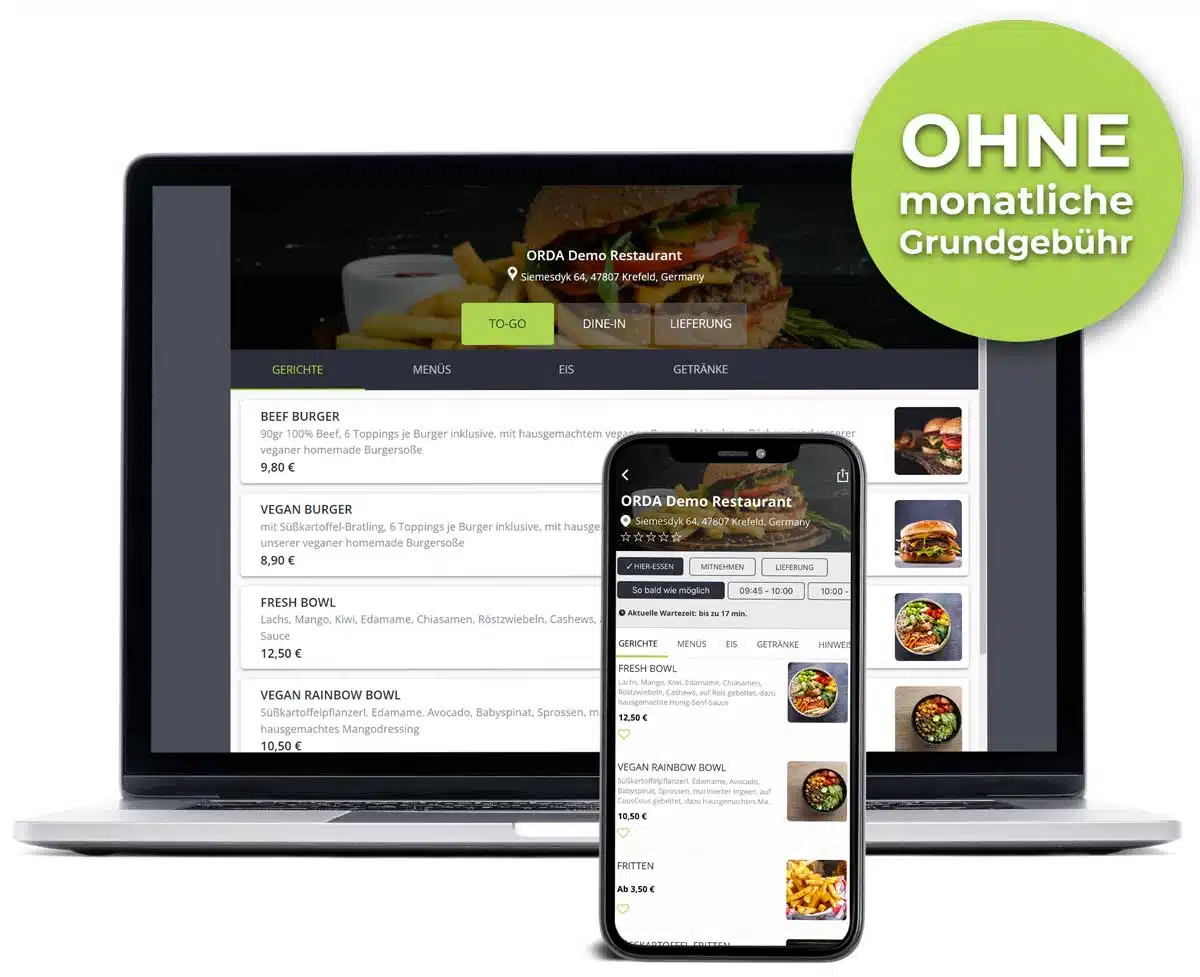 Mobile und Desktop view vom ORDA Gastronomie Bestellsystem GastroSoft - ohne monatliche Grundgebühr