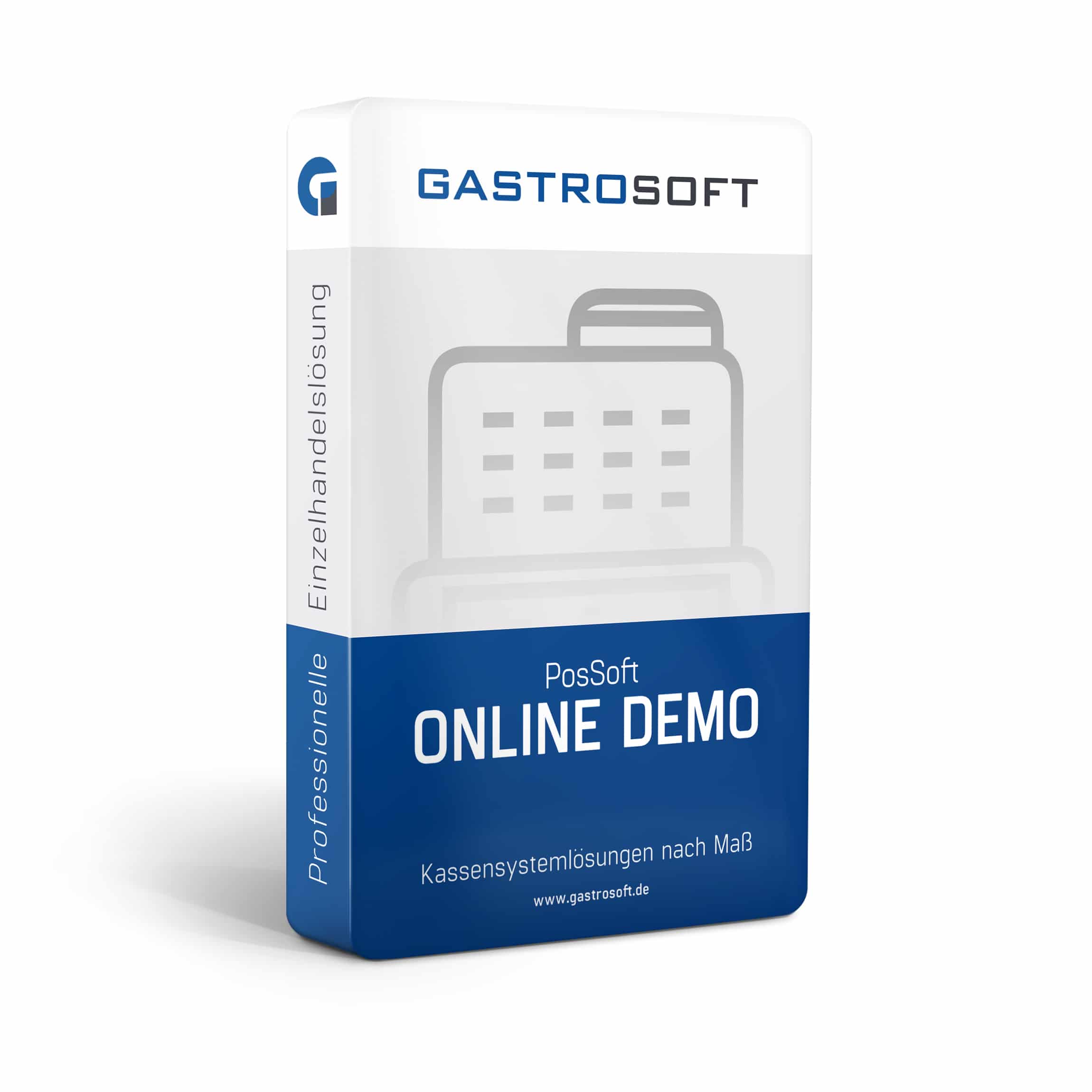 Verpackung einer professionellen Kassensoftwarelösung, Testversion, Kassensoftware - PosSoft Online Demo