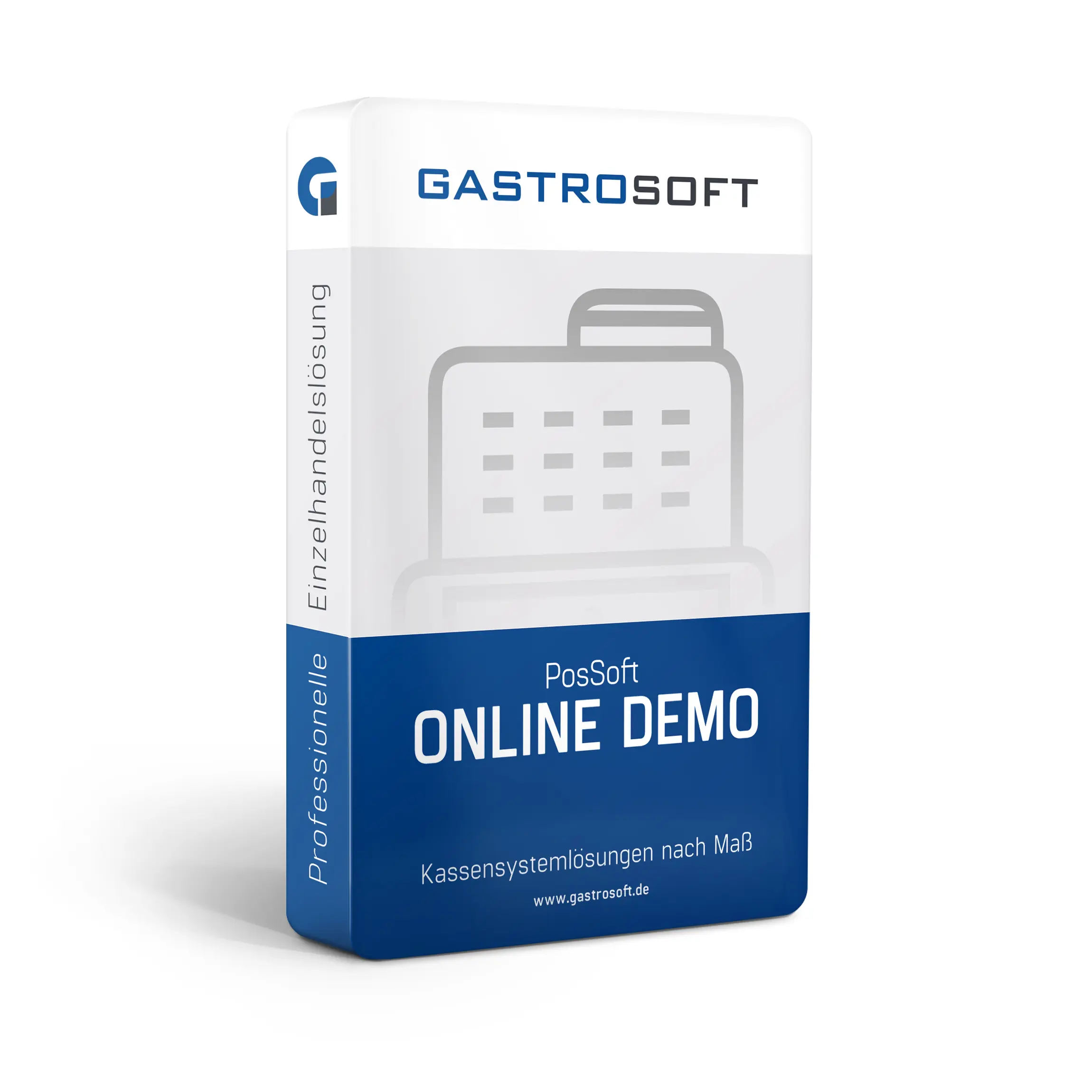 Verpackung einer professionellen Kassensoftwarelösung, Testversion, Kassensoftware - PosSoft Online Demo