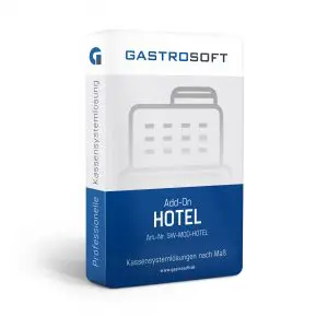 Verpackung einer professionellen Kassensoftwarelösung, Kassensystemlösung, Zusatzmodul - Add-On Hotel