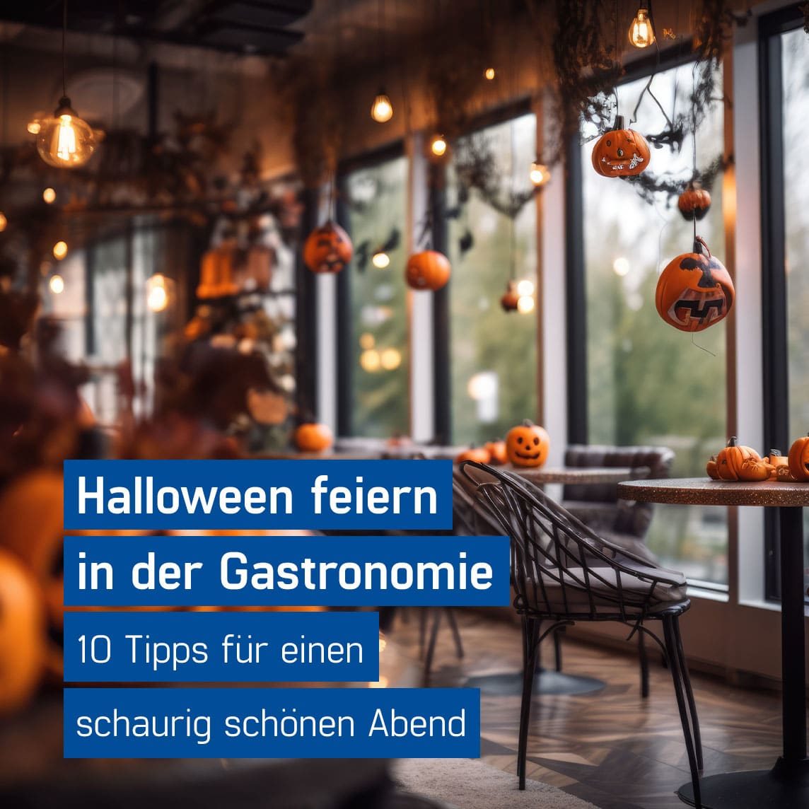 Restaurant mit einladender Halloween Dekoration aus Kürbissen und Lichterketten - Halloween Restaurants Tipps von GastroSoft