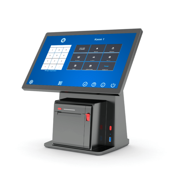 Frontansicht der All-in-One Windows PC Kasse mit integriertem Bondrucker und Kundendisplay von GastroSoft