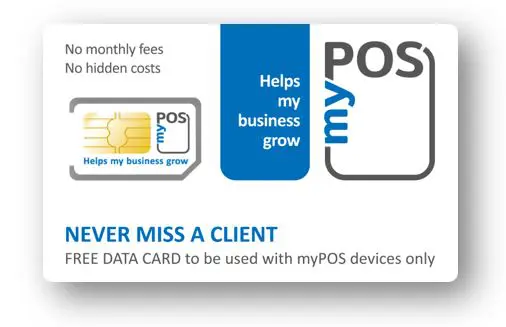 Kostenlose myPOS SIM-Karte für mobile Zahlungsterminals des myPOS an der Kassenhardware mit Kassensoftware im Kassensystem