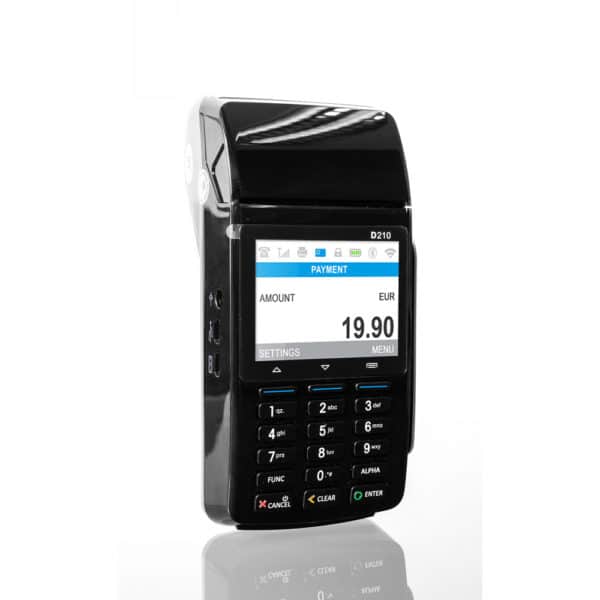 Eingeschaltetes myPOS Combo in Schwarz, Mobiles POS Terminal mit Display und Tasten - Kassenhardware des Kassensystems für Kartenzahlung