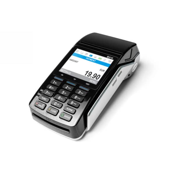 Eingeschaltetes myPOS Combo in Schwarz, Mobiles POS Terminal mit Display und Tasten - Kassenhardware des Kassensystems für Kartenzahlung